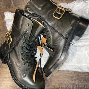Chloe Diane Dark Green Calf Leather Buckle Lace Up Combat Boot.